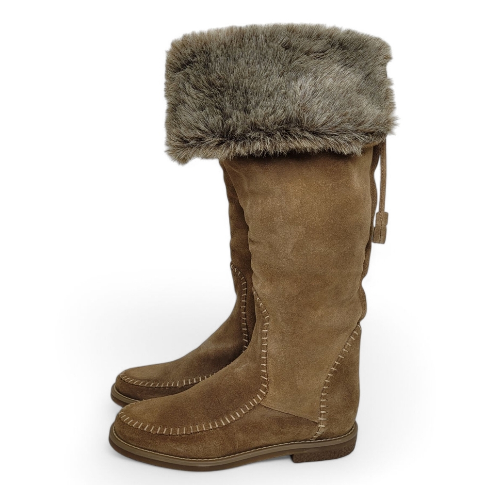 Jack Rogers Nell Suede Leather Knee High Moccasin Boots 6 Brown Faux Fur